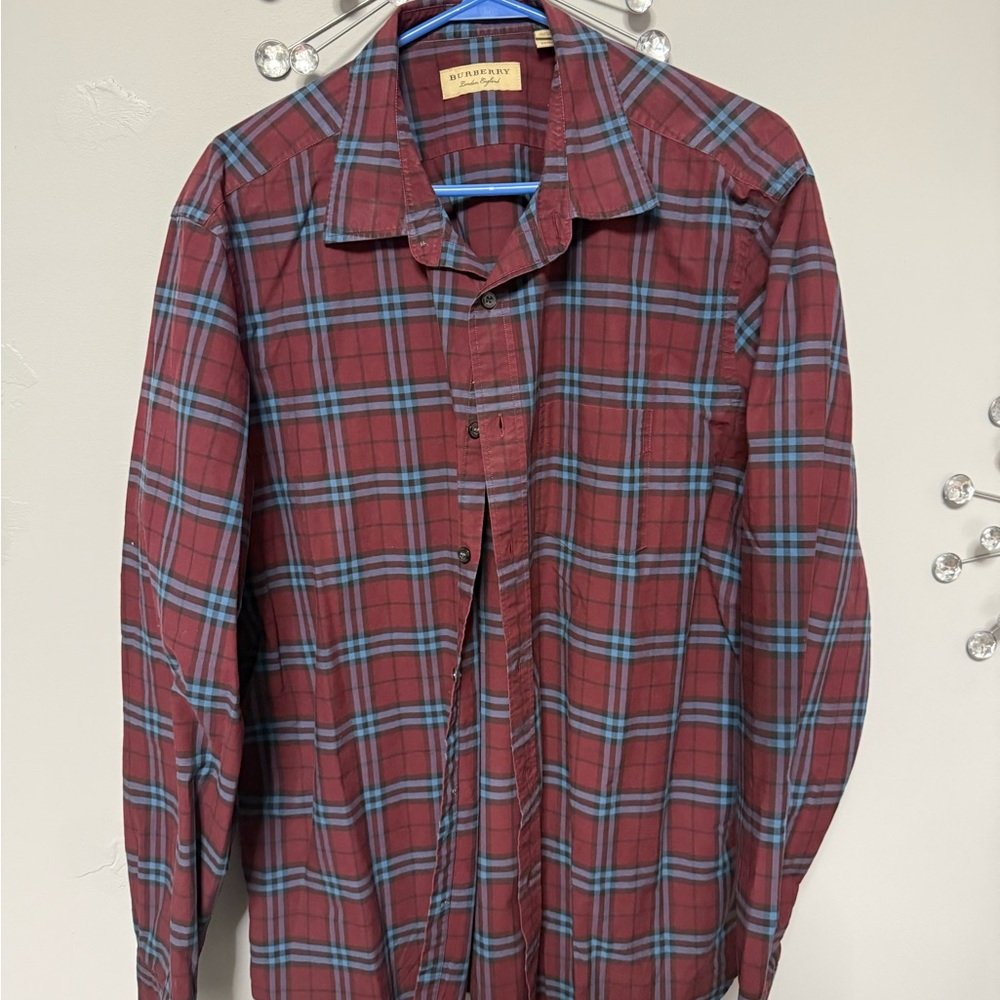 Burberry Men's Casual Plaid Shirt in Burgundy and Teal